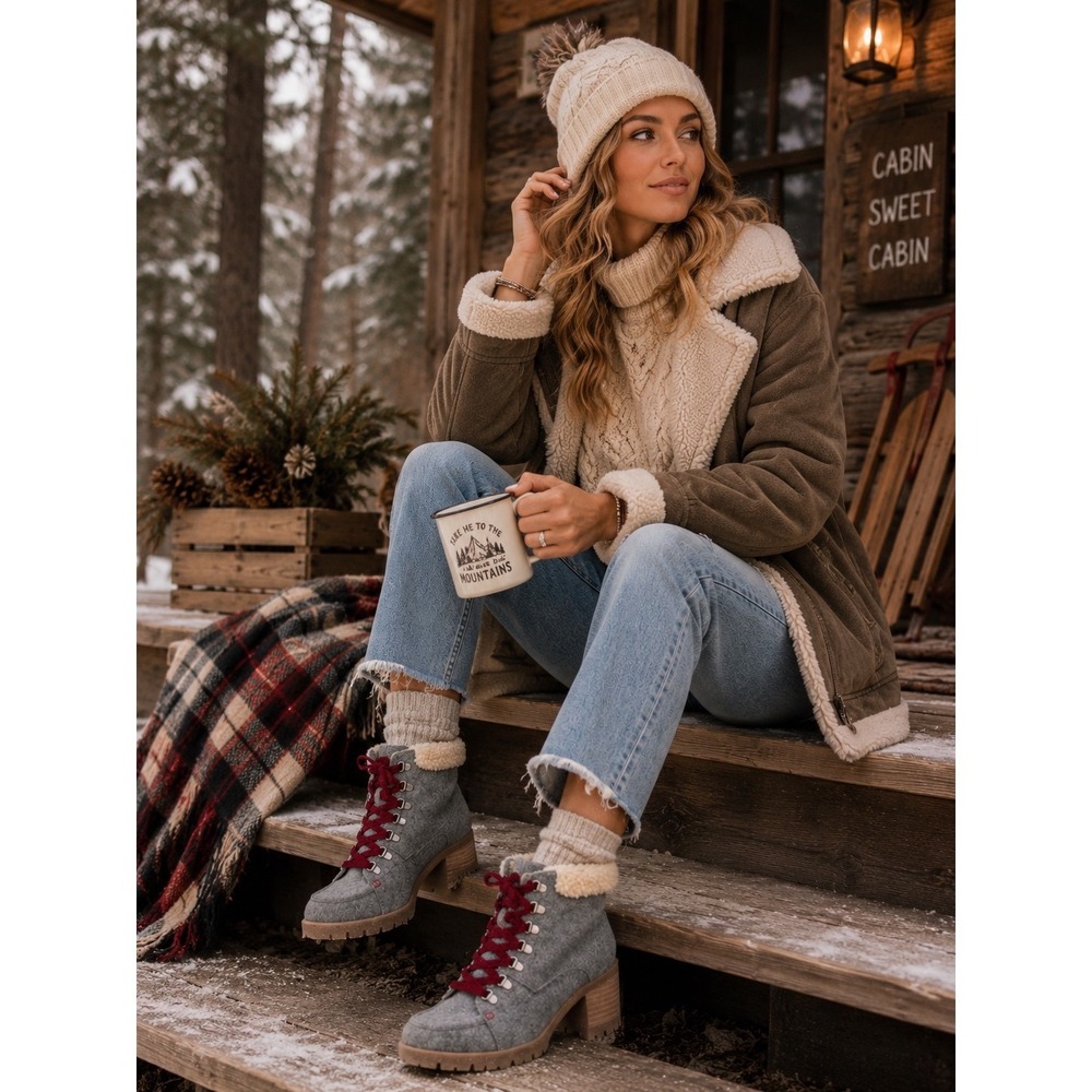 Korks Grey Wool Faux Shearling Hiker‎ Boots Red Laces Block Heel Womens 8M